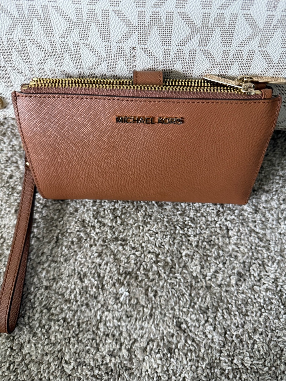 Michael Kors Brown Saffiano Leather Wristlet with Gold Hardware